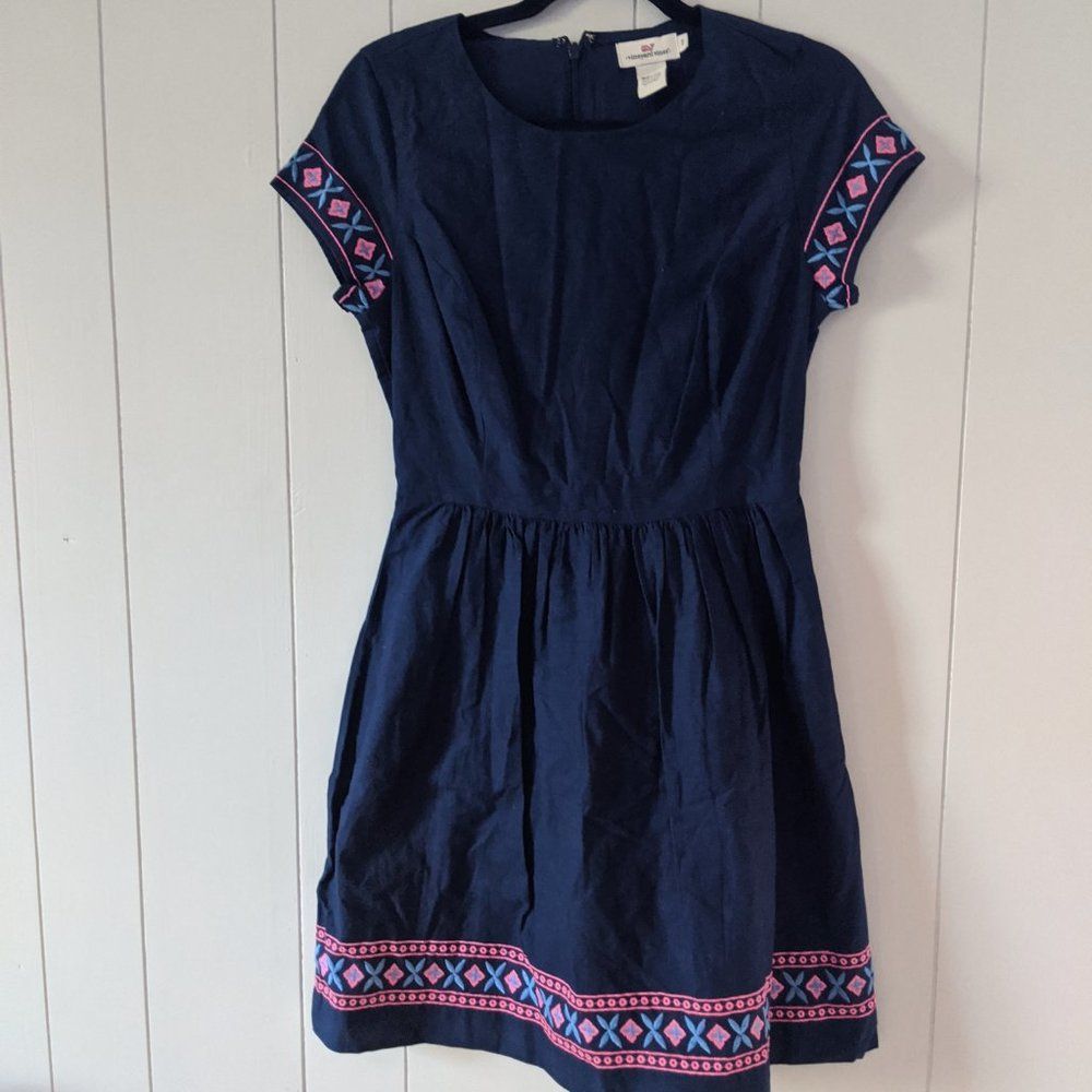 Vineyard Vines navy dress with pink & light blue embroidery